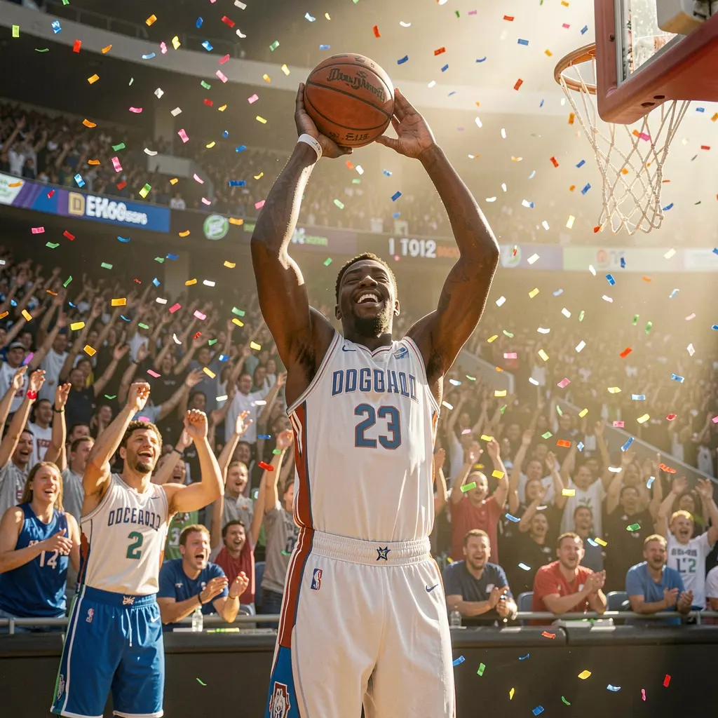 Excited basketball player raising his arms in victory after scoring with cheering fans in the background showcasing the thrill of live sports betting with JKJKJILI