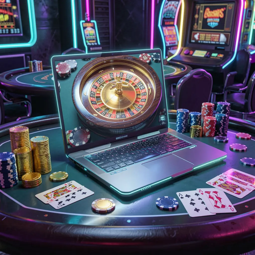 Stylish online roulette gameplay on a laptop surrounded by casino chips and coins showcasing the immersive JKJKJILI online casino experience for players in the Philippines
