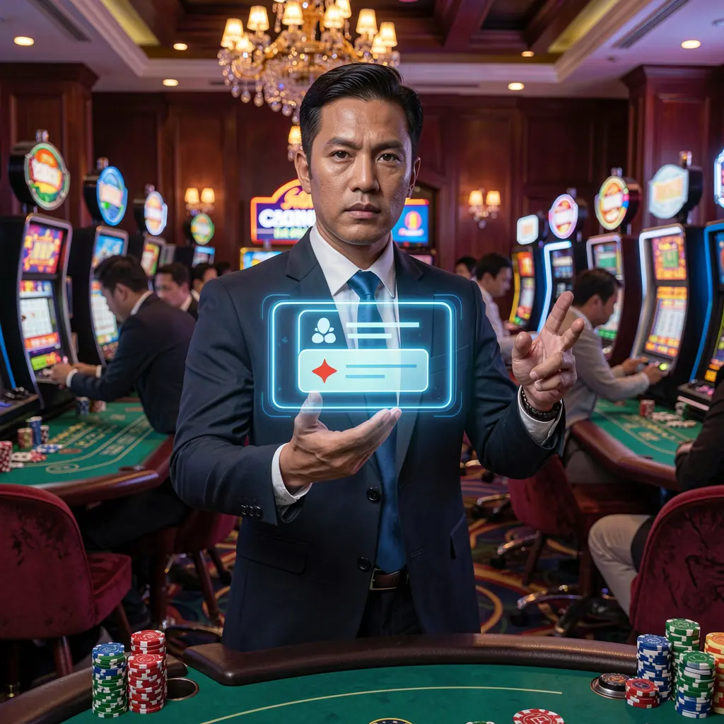Professional live casino dealer from the Philippines presenting a floating holographic login button in a vibrant JKJKJILI casino setting